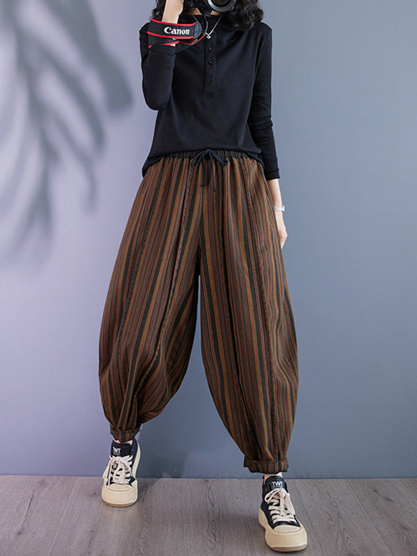 Drawstring Elasticity Split-Joint Striped Harem Pants High Waisted Trousers Pants
