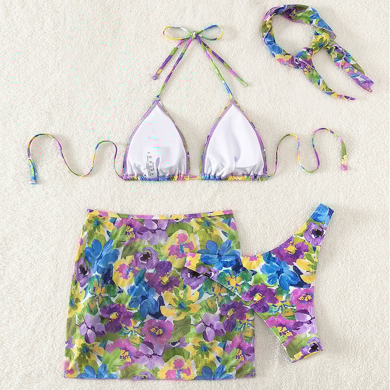 Women's Art Hawaiian Contrast Floral Print Four Piece Swimsuit