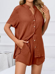 Women's Solid Color Simple V-Neck Design Home Casual Two-Piece Set