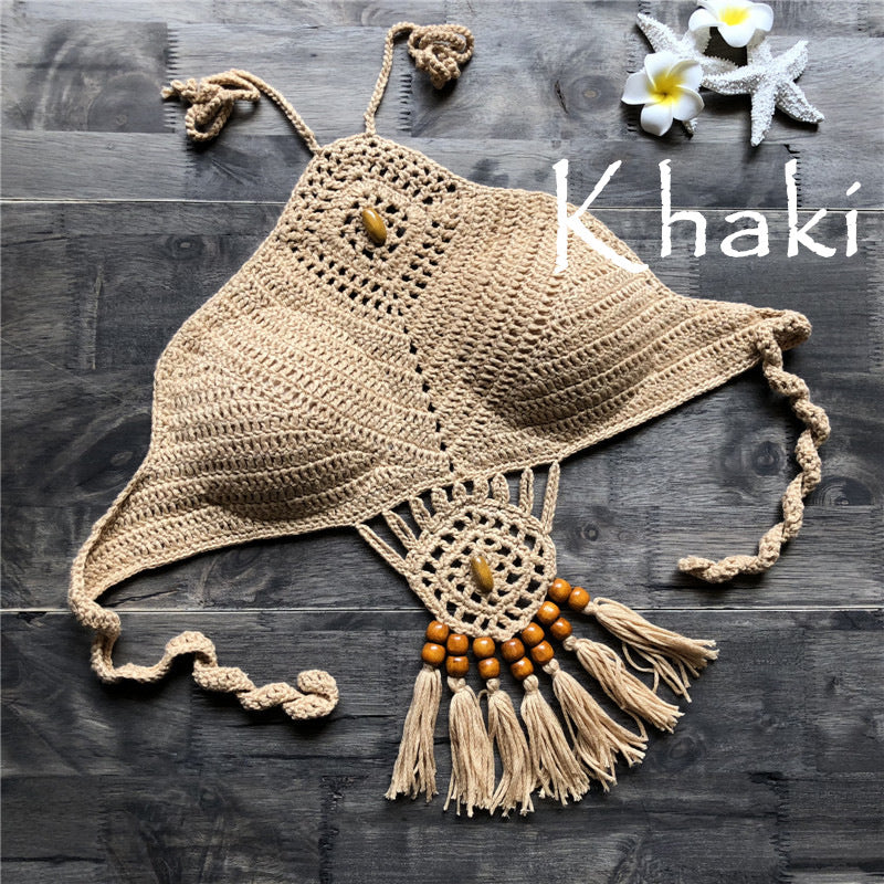 Hand Crocheted Backless Halter Bra Bikini Top