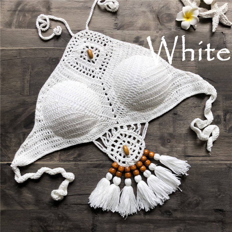 Hand Crocheted Backless Halter Bra Bikini Top