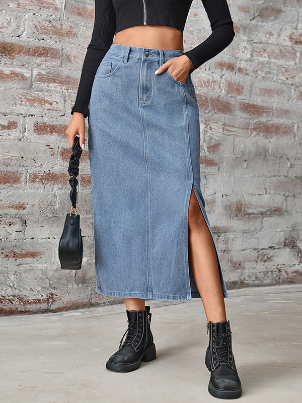 Elasticity Pockets Split-Side A-Line High Waisted Skirts Bottoms