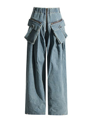 Pleated Pockets Split-Joint Zipper Loose Wide Leg Jean Pants Bottoms