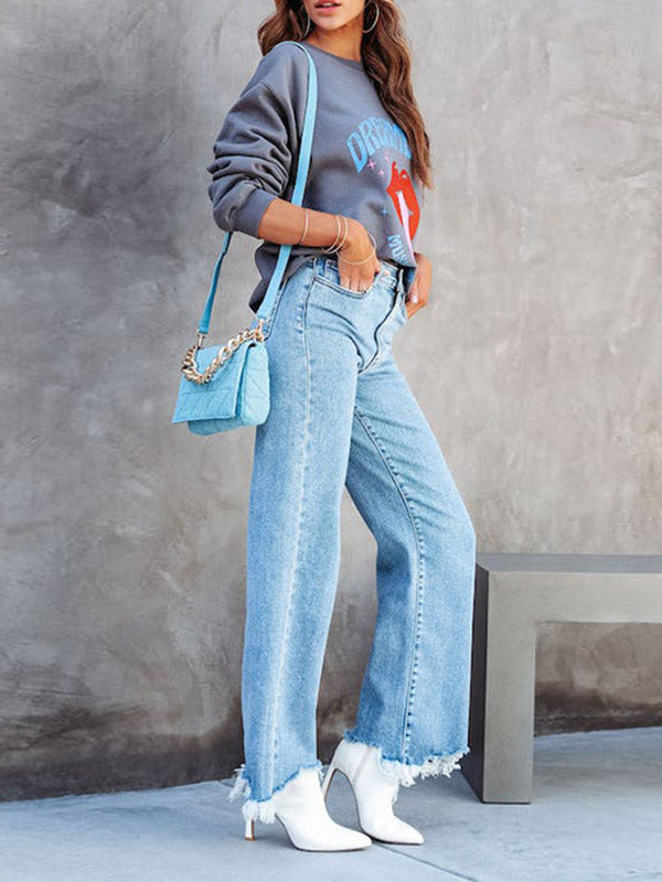 Fringed Split-Joint High Waisted Straight Leg Jean Pants Bottoms