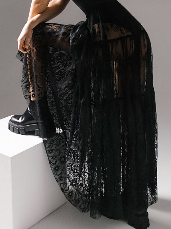 Elasticity Hollow Jacquard Mesh See-Through Split-Joint A-Line High Waisted Skirts Bottoms