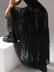 Elasticity Hollow Jacquard Mesh See-Through Split-Joint A-Line High Waisted Skirts Bottoms