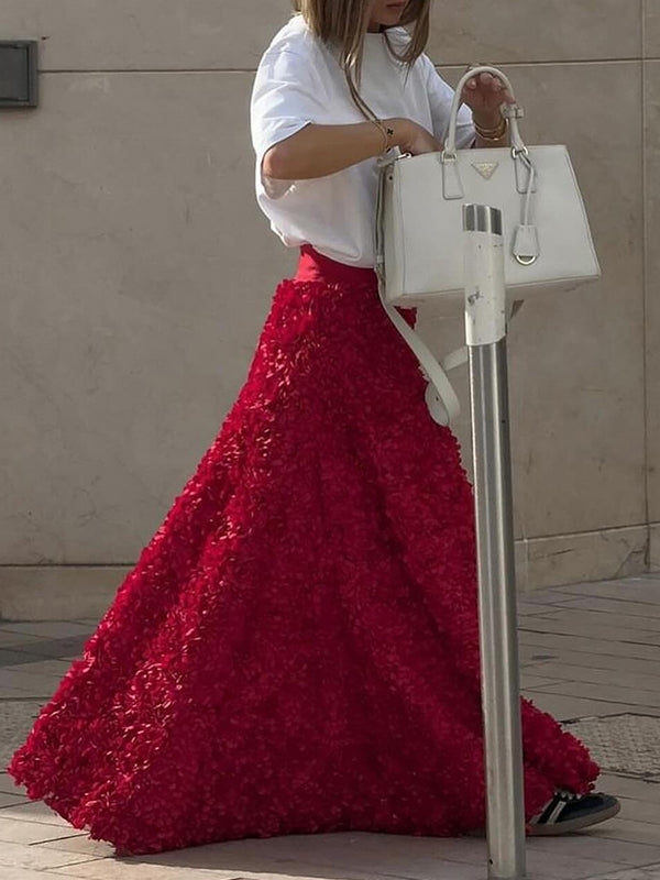 Solid Color Three-Dimensional Flower A-Line High Waisted Skirts Bottoms