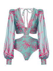 European And American Style Printed Long-Sleeved Tie Sexy One-Piece Swimsuit