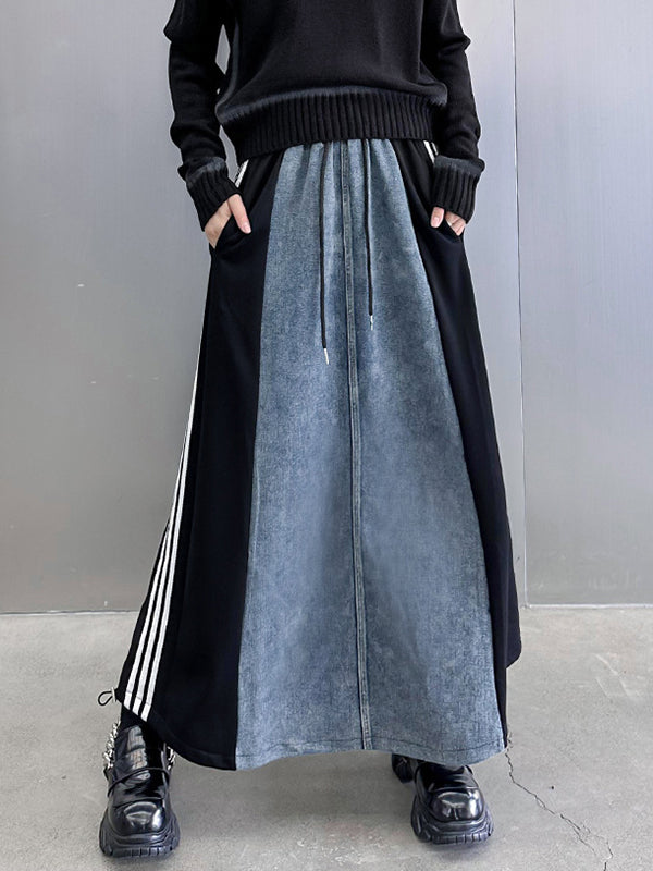 Contrast Color Drawstring Split-Joint Striped A-Line Loose Skirts Bottoms