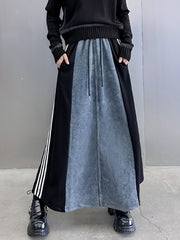 Contrast Color Drawstring Split-Joint Striped A-Line Loose Skirts Bottoms