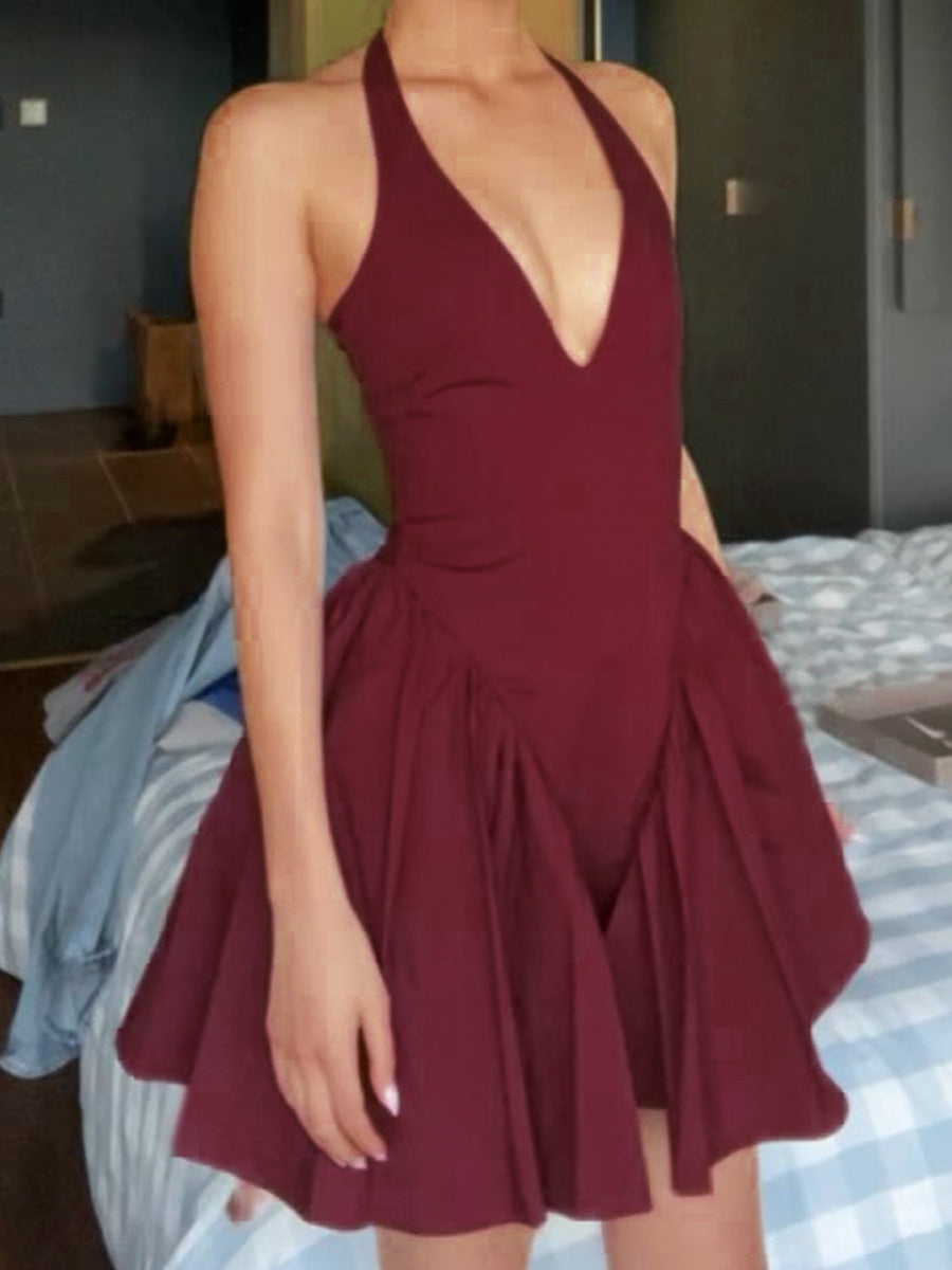 Sexy Deep V Halter Backless Black Sweet And Spicy Style Puffy Small Dress