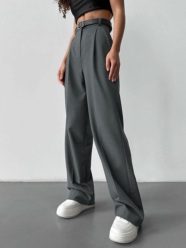 No Belt Solid Color High Waisted Loose Trousers Suit Pants