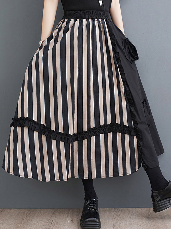 Flower-Embellished Elastics Split-Joint High Waisted Loose Skirts Bottoms