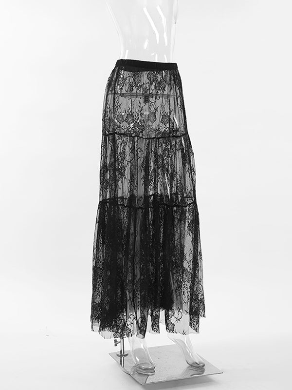 Elasticity Hollow Jacquard Mesh See-Through Split-Joint A-Line High Waisted Skirts Bottoms