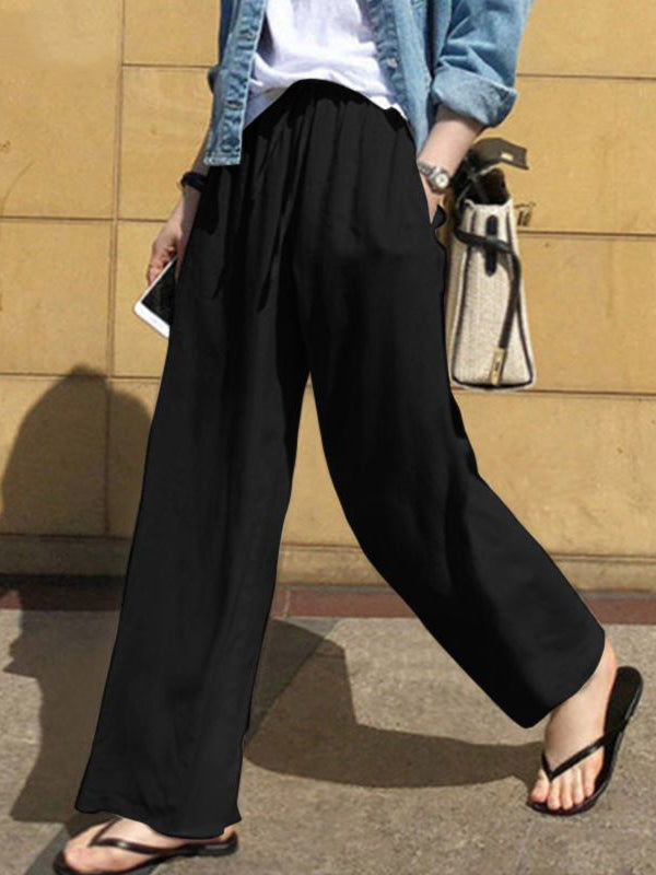 Drawstring Pockets Solid Color High Waisted Loose Trousers Pants