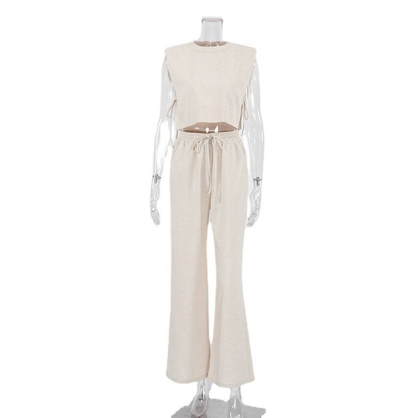 LINEN PADDED-SHOULDER TIE SIDE TOP AND DRAWSTRING PANTS SET