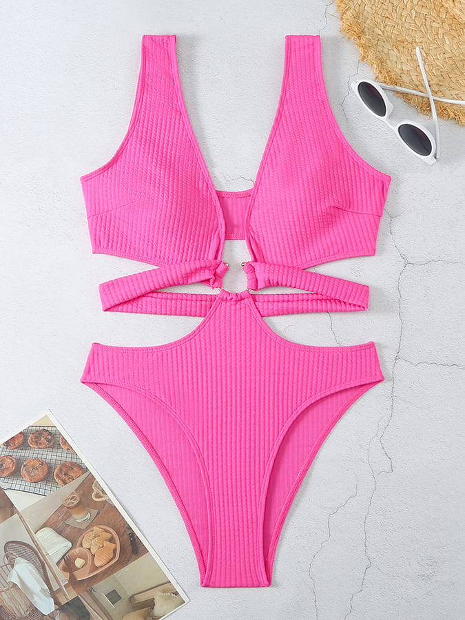 Women's Solid Color Sexy Textured Fabric One-Piece Swimsuit