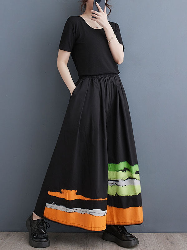 Asymmetric Elasticity High-Waisted Printed Loose Wide Leg Trousers Pants
