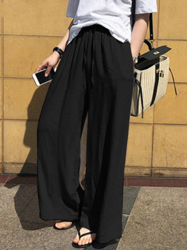 Drawstring Pockets Solid Color High Waisted Loose Trousers Pants