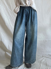 Contrast Color Elasticity Pockets Loose Wide Leg Jean Pants Bottoms