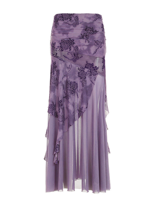 Printed Irregular Mesh Maxi Skirt In Purple