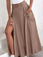 Belted Pockets Split-Joint Split-side Zipper A-line Loose Skirts Bottoms
