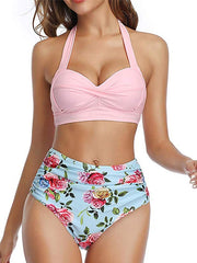 Women Two Piece Vintage Swimsuit Retro Halter Ruched High Waist Bikini with Bottom