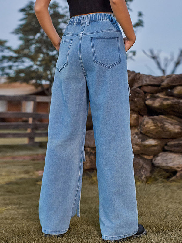 High-Waisted Pockets Split-Joint Streamer Loose Straight Leg Jean Pants Bottoms