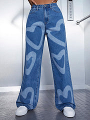 Urban Wide Leg Heart Shape Printed Jean Pants Bottoms