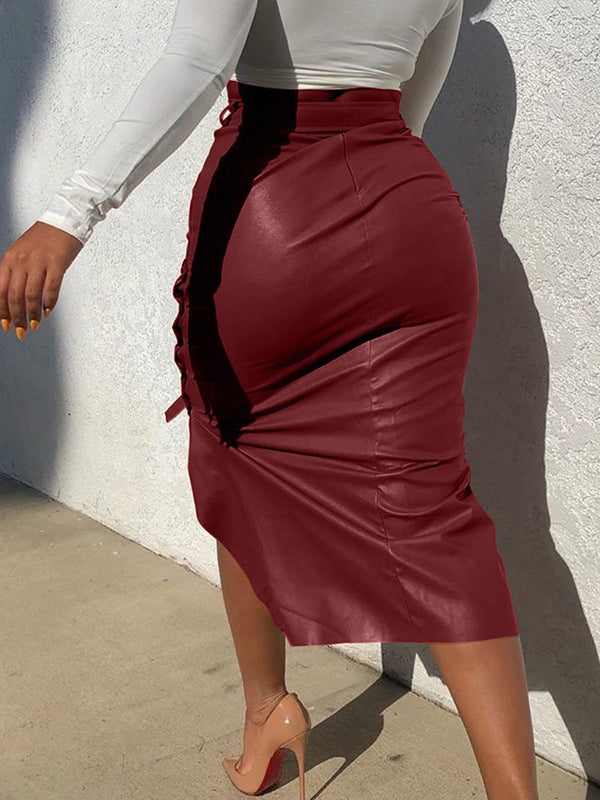 Buttoned Split-Side Tied Waist Bodycon High-Low Skirts Bottoms