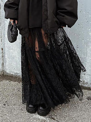 Elasticity Hollow Jacquard Mesh See-Through Split-Joint A-Line High Waisted Skirts Bottoms