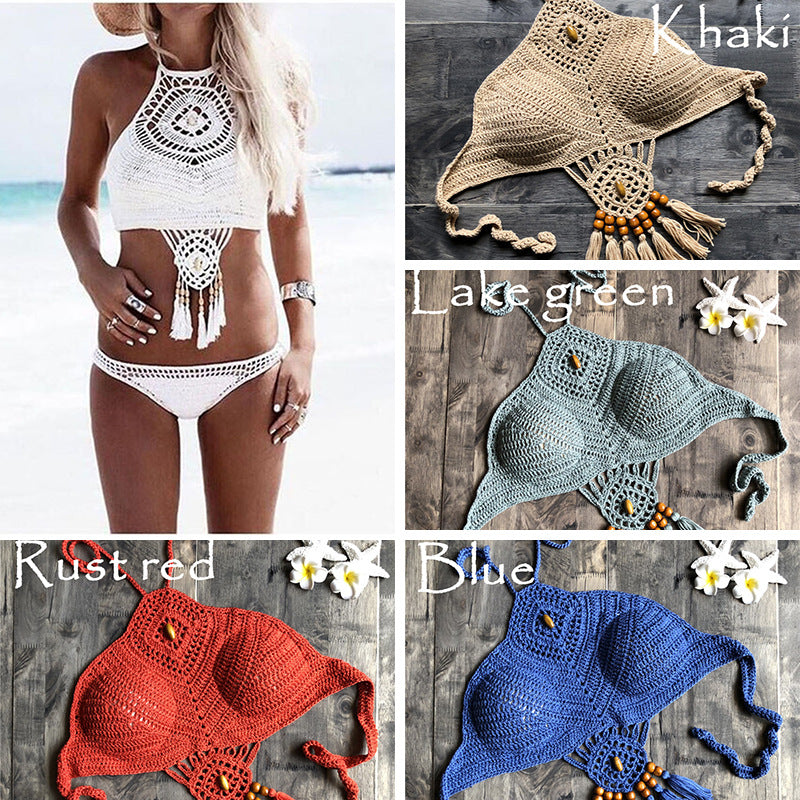 Hand Crocheted Backless Halter Bra Bikini Top