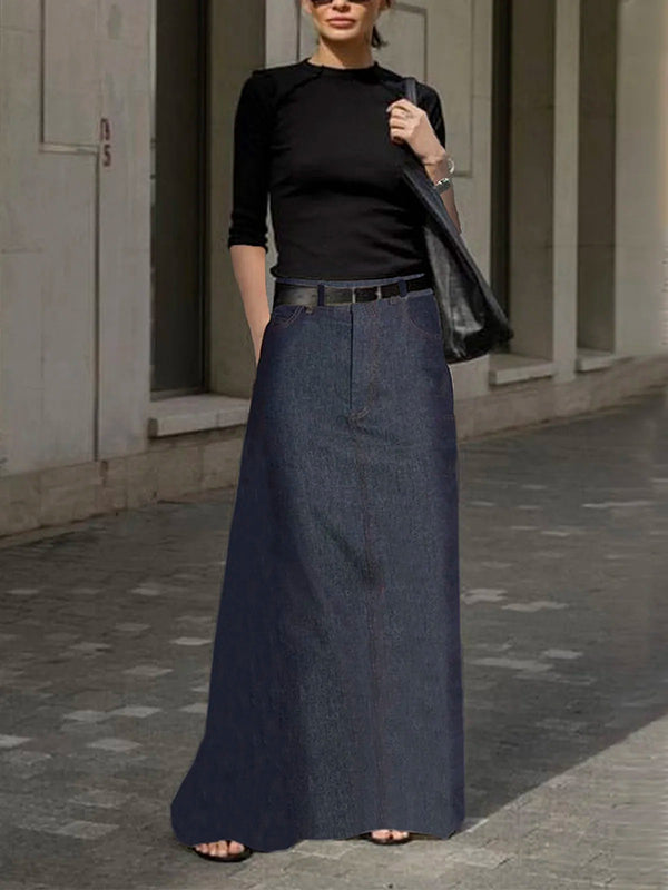 No Belt Pockets Solid Color Loose Skirts Bottoms