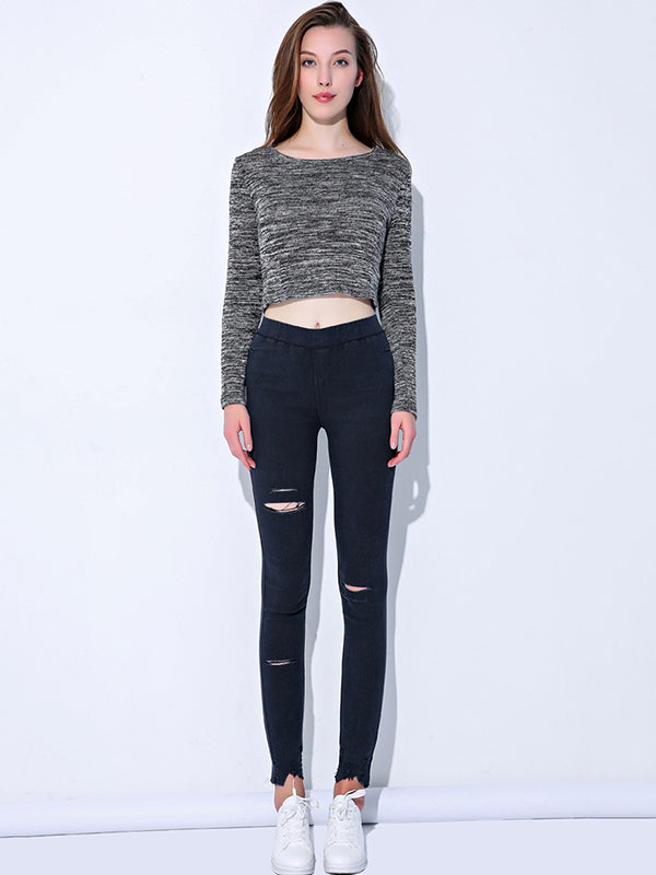 Casual Solid Color Hollow Fringed Skinny Leg Pants
