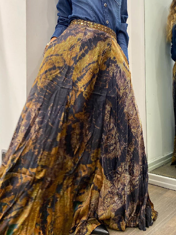 Contrast Color Flower Print Loose Wrap Skirts Bottoms
