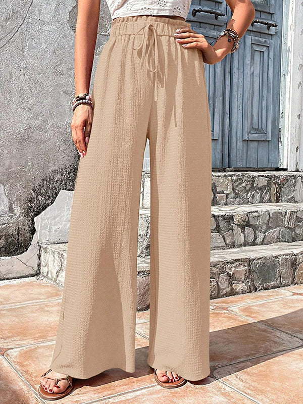 Drawstring Elasticity Solid Color Split-Joint Loose Wide Leg Trousers Pants