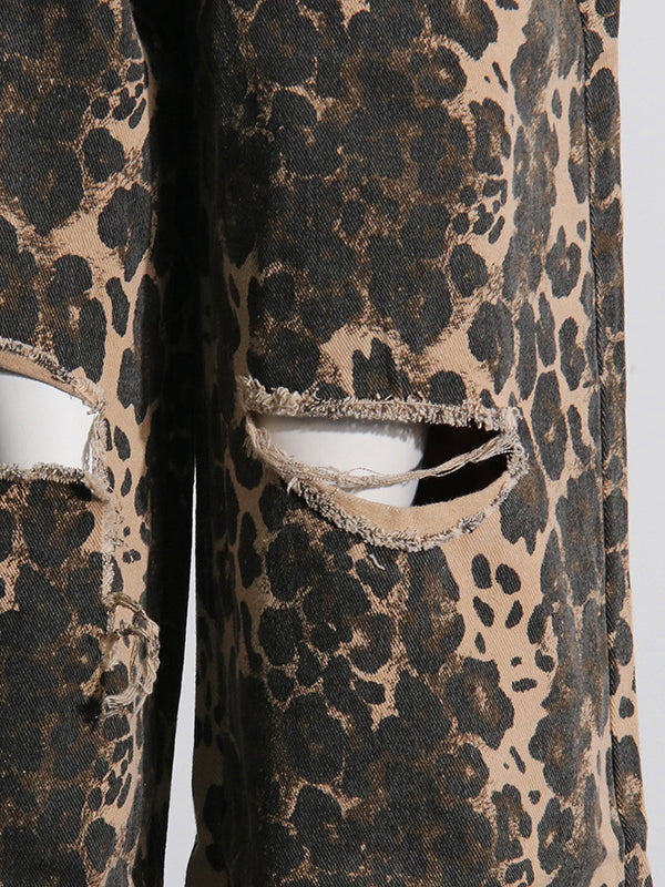Leopard Printed Ripped Split-Joint High Waisted Loose Jean Pants Bottoms