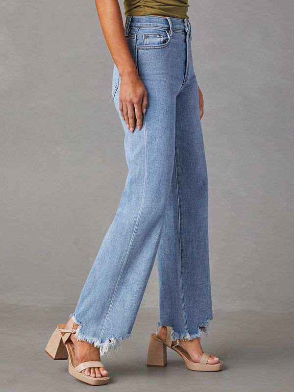 Fringed Split-Joint High Waisted Straight Leg Jean Pants Bottoms