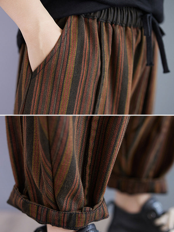 Drawstring Elasticity Split-Joint Striped Harem Pants High Waisted Trousers Pants
