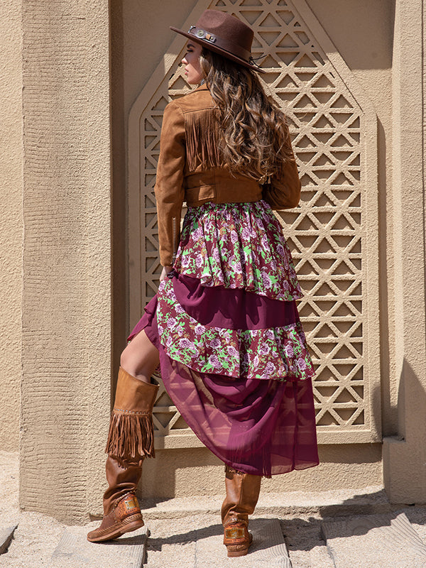 Vacation Loose A-Line Floral Printed Patchwork Skirt