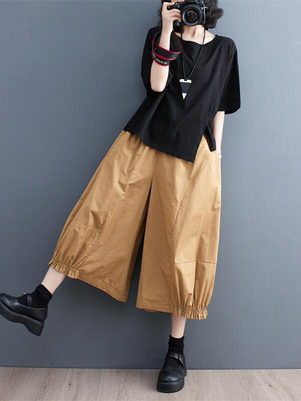 Solid Color Split-Joint Ninth Pants Wide Leg Casual Pants Bottoms