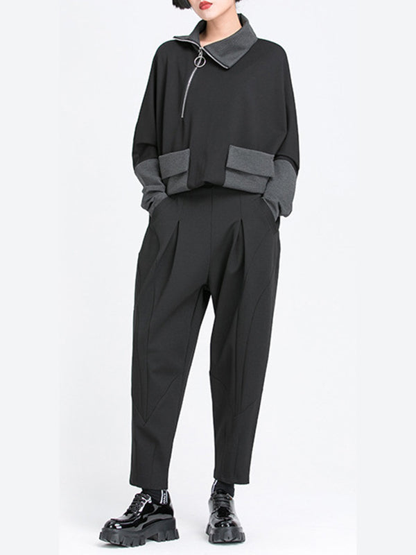 Elasticity Pleated Pockets Solid Color Split-Joint Harem Pants Loose Pants