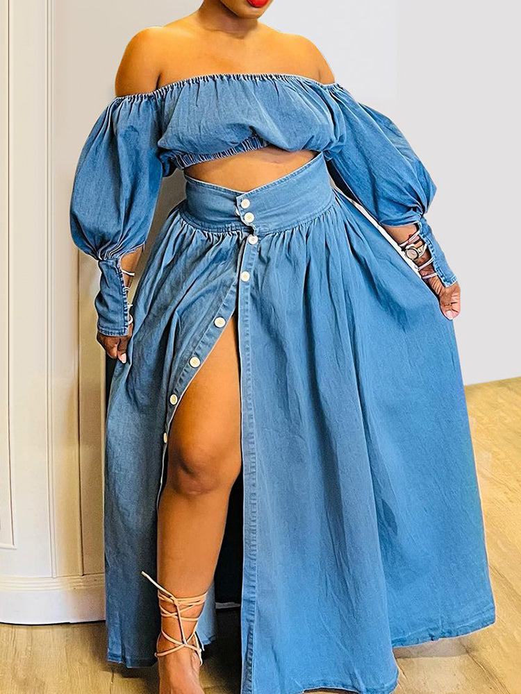 Leisure Fashion Off-The-Shoulder Puff Sleeves Backless Top A-Line Skirts Two Pieces Set