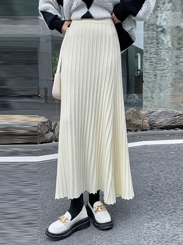 Pleated Solid Color A-Line High Waisted Skirts Bottoms