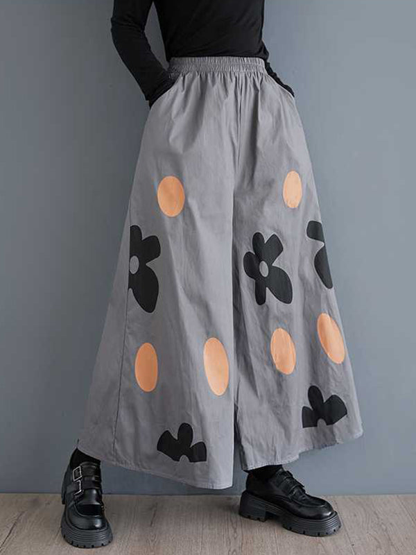 Elasticity Flower Print Pockets Loose Wide Leg Pants Culotte