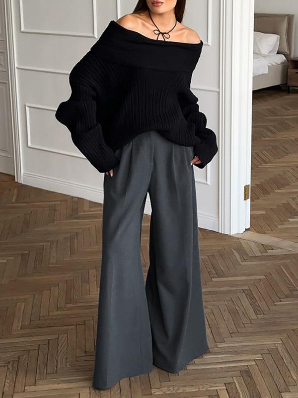 Pleated Pockets Solid Color High Waisted Loose Trousers Suit Pants