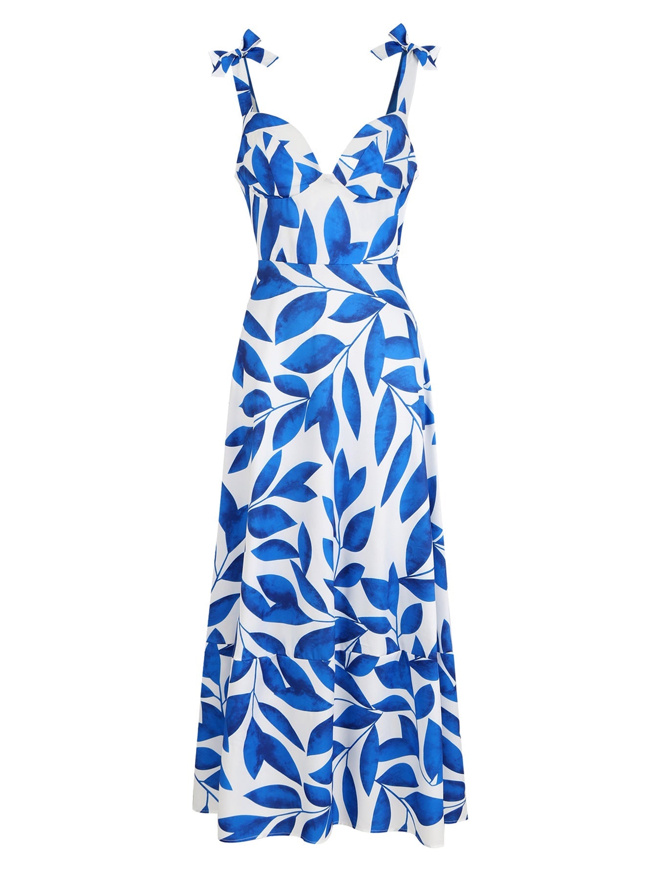 Women's Blue Printed Off-the-shoulder Sling Waist-tight Elegant Long Dress