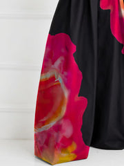 Asymmetric Contrast Color Floral Printed Split-Joint High Waisted Wide Leg Trousers Pants