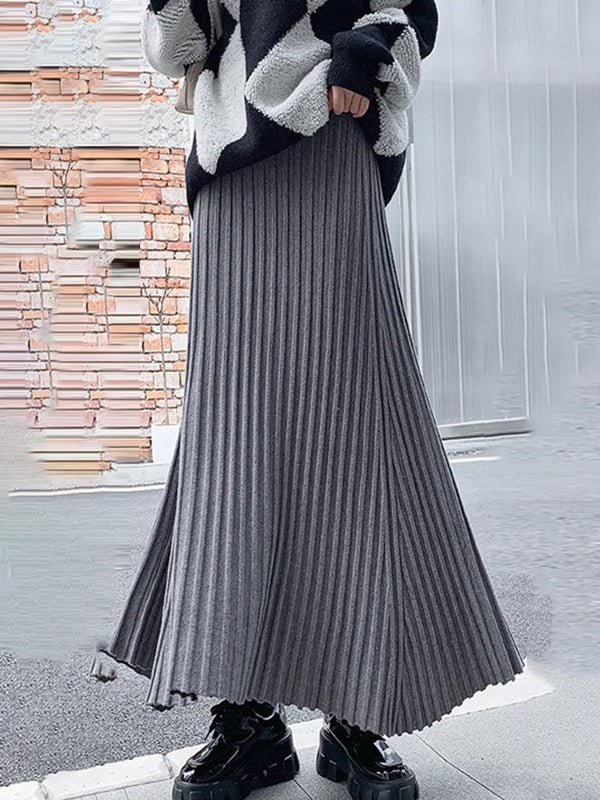 Pleated Solid Color A-Line High Waisted Skirts Bottoms