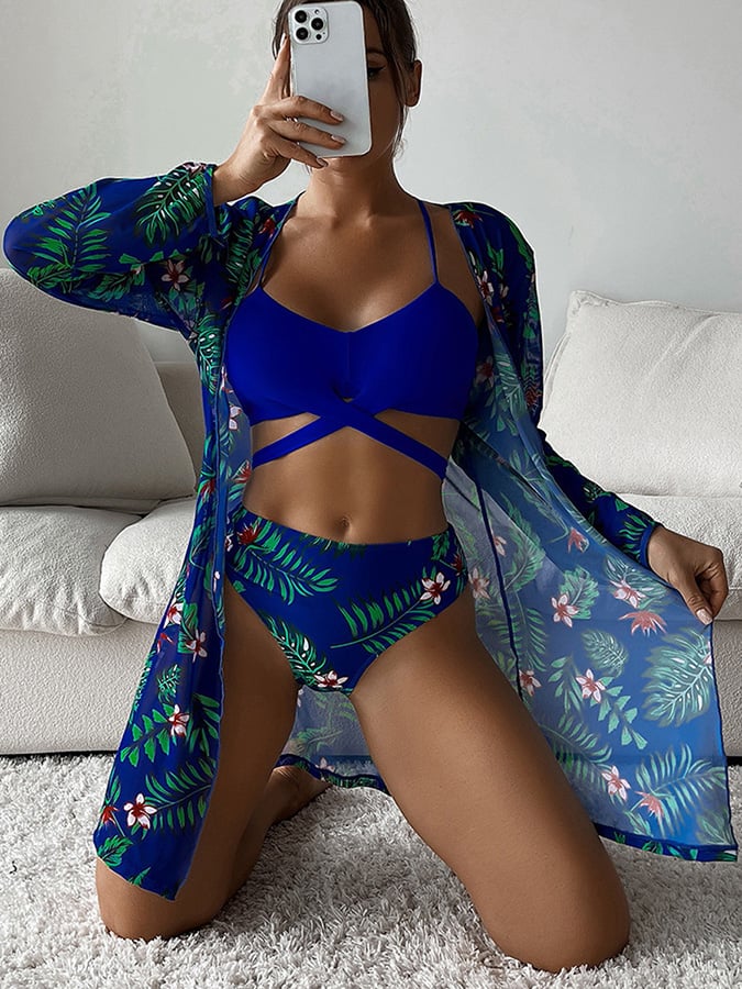 Three Piece Chiffon Floral Smock Bikini Swimsuit